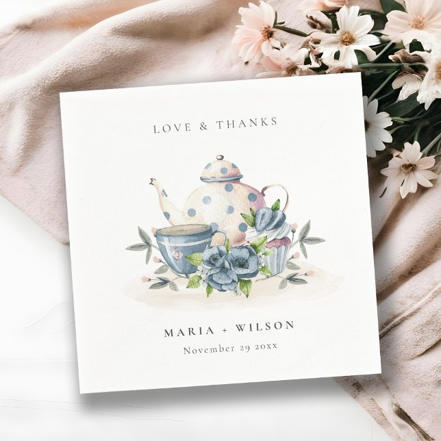 Elegant Cute Aqua Blue Floral Teapot Cup Wedding Napkin (Creator Uploaded)