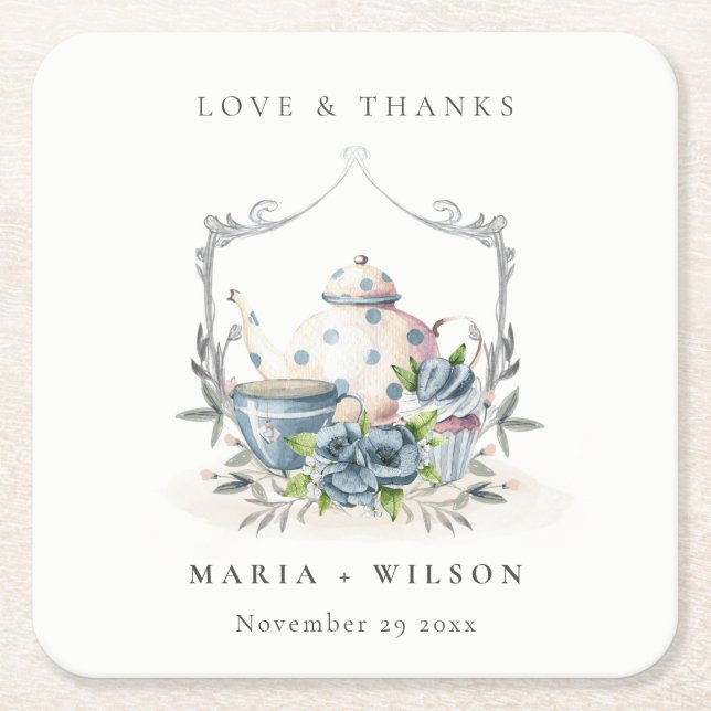 Elegant Cute Aqua Blue floral Teapot Cup Wedding Square Paper Coaster (Front)