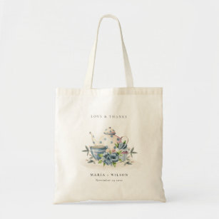 Elegant Cute Aqua Blue Floral Teapot Cup Wedding Tote Bag