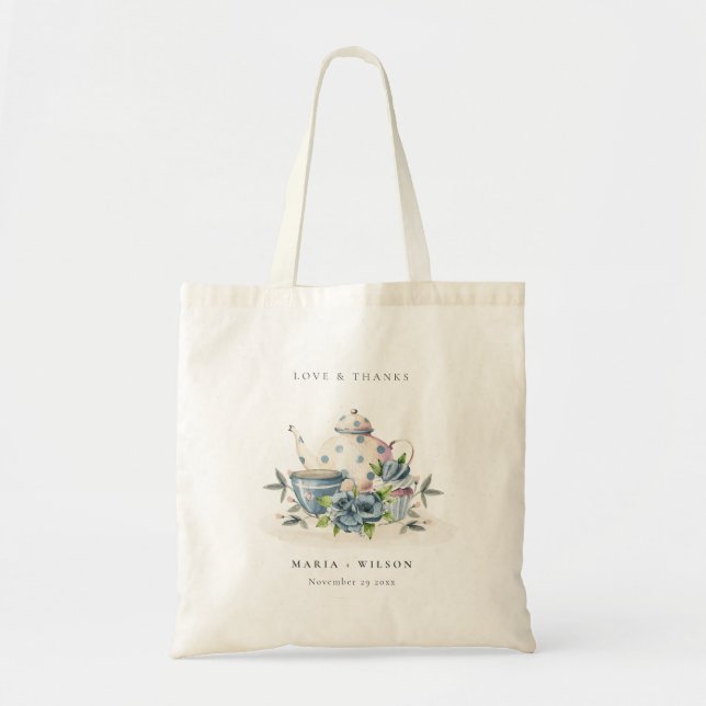 Elegant Cute Aqua Blue Floral Teapot Cup Wedding Tote Bag (Front)