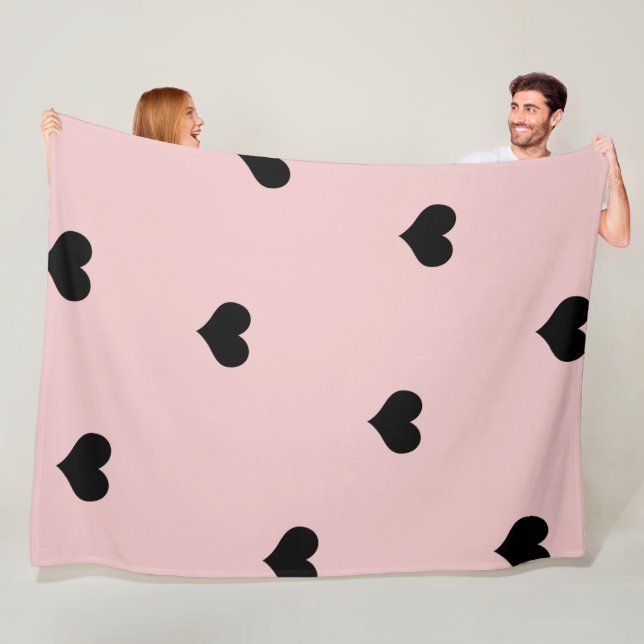 Elegant cute black & blush pink heart pattern fleece blanket (In Situ)