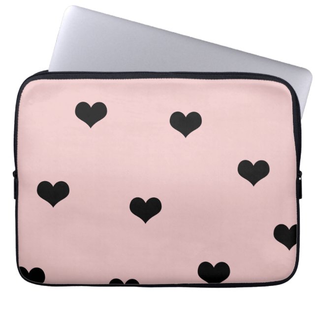 Elegant cute black & blush pink heart pattern laptop sleeve (Front)