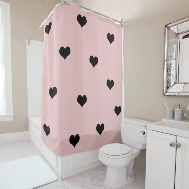 Elegant cute black & blush pink heart pattern shower curtain (In Situ)