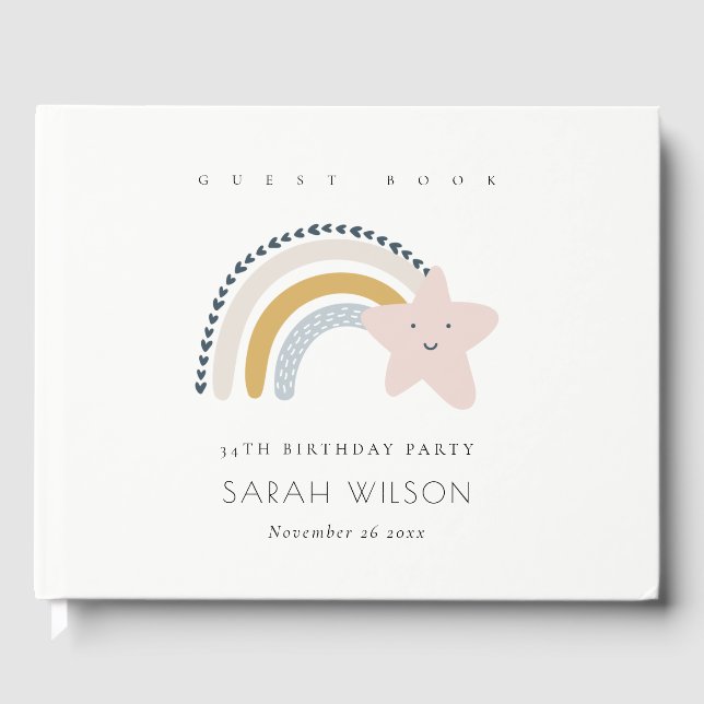 ELEGANT CUTE BLUE BLUSH RAINBOW STAR KIDS BIRTHDAY GUEST BOOK (Front)