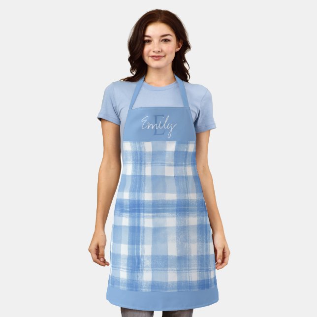 Elegant Cute Blue White Plaid Christmas Apron (Worn)