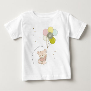 Elegant Cute Blush Bear Balloon Girly Monogram Baby T-Shirt