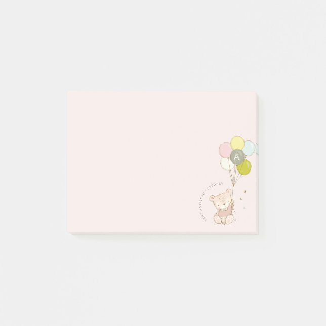 Elegant Cute Blush Bear Balloon Girly Monogram Post-it Notes (Front)