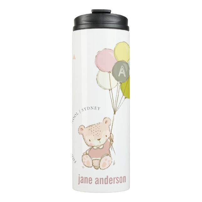 Elegant Cute Blush Bear Balloon Girly Monogram Thermal Tumbler (Front)