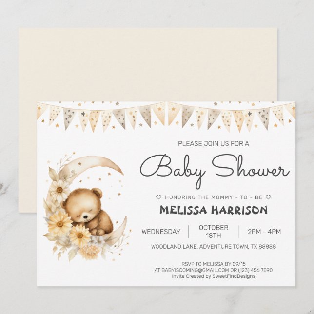 Elegant Cute Boho Bear Baby Boy Shower Invitation (Front/Back)