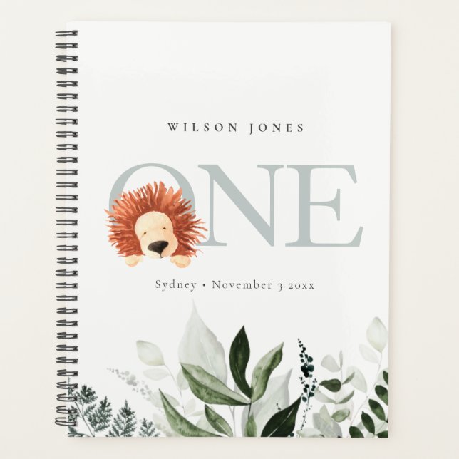Elegant Cute Boho Lion Foliage 1st First Birthday Planner (Front)