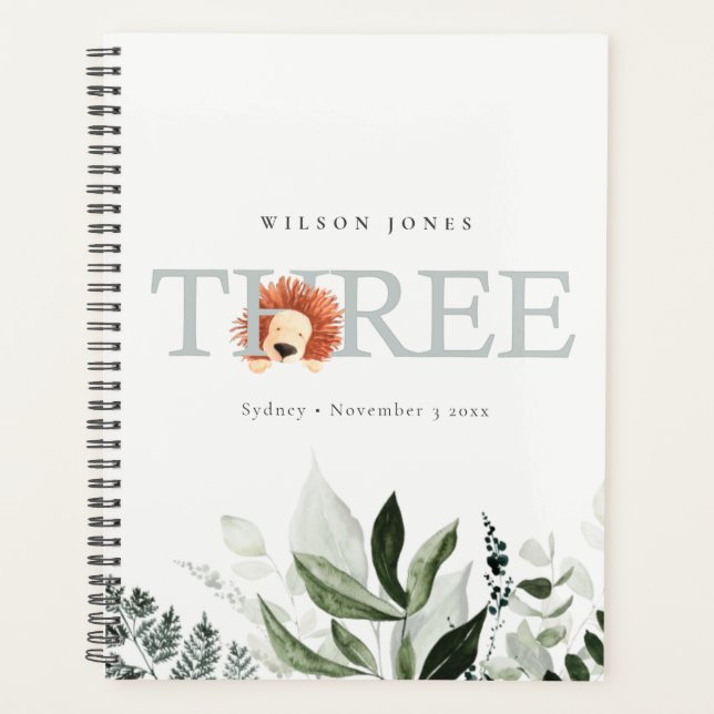 Elegant Cute Boho Lion Foliage 3rd Third Birthday Planner (Front)