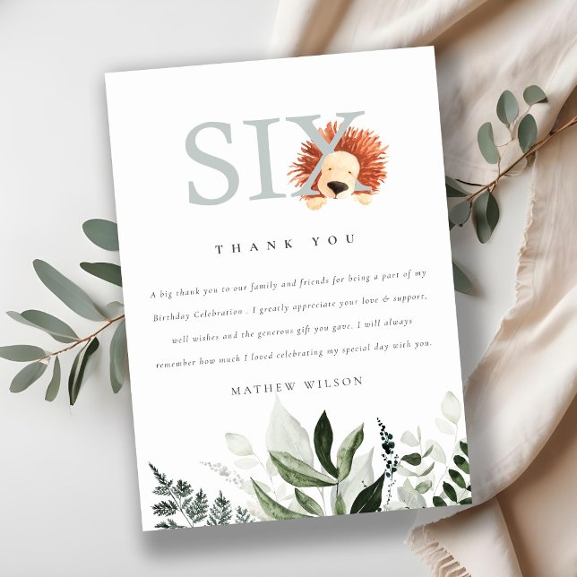 Elegant Cute Boho Lion Foliage 6th Sixth Birthday Thank You Card (Creator Uploaded)