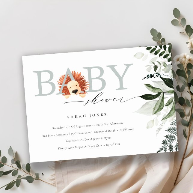 Elegant Cute Boho Lion Foliage Baby Shower Invite (Creator Uploaded)
