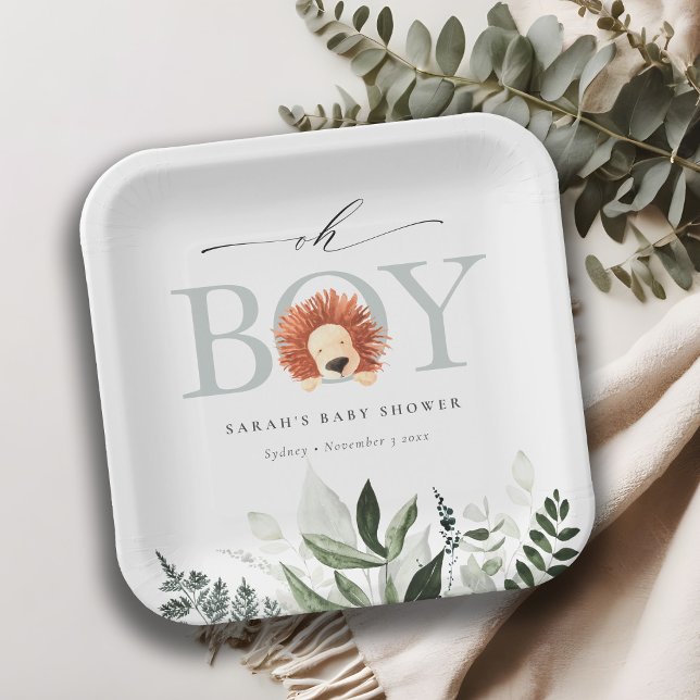 Elegant Cute Boho Lion Foliage Oh Boy Baby Shower Paper Plate (Creator Uploaded)