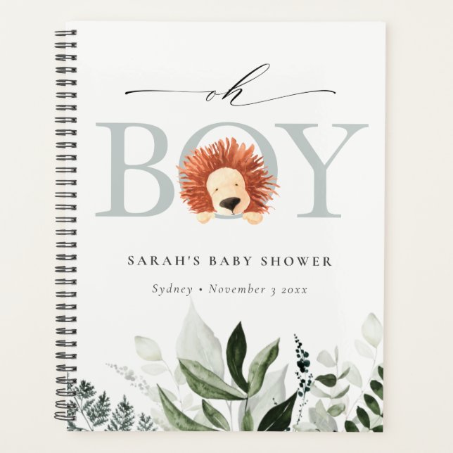 Elegant Cute Boho Lion Foliage Oh Boy Baby Shower Planner (Front)