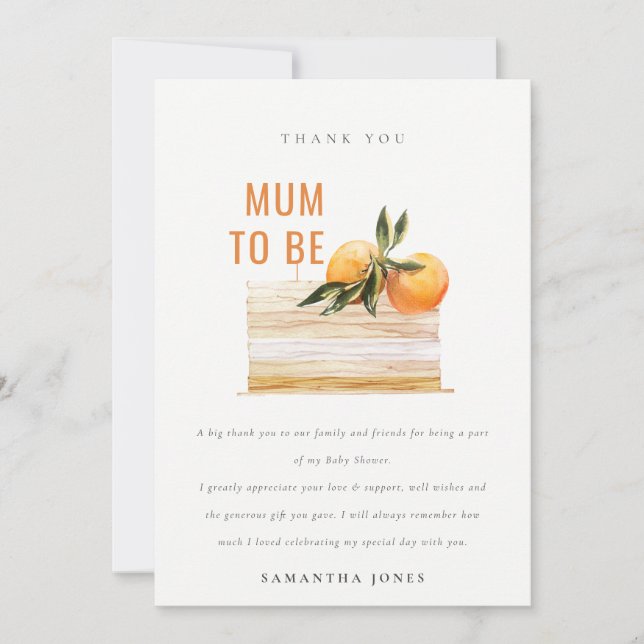 Elegant Cute Boho Orange Fruit Cake Baby Shower Thank You Card (Front)