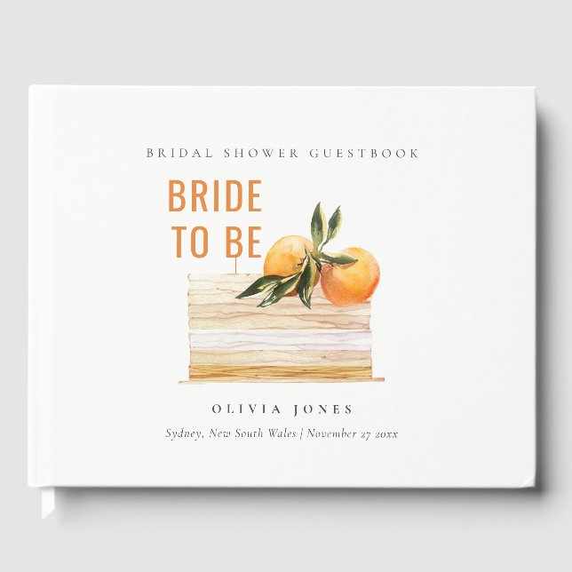 Elegant Cute Boho Orange Fruit Cake Bridal Shower Guest Book (Front)