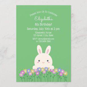 Elegant Cute Bunny & Flowers Sage Green Birthday Invitation