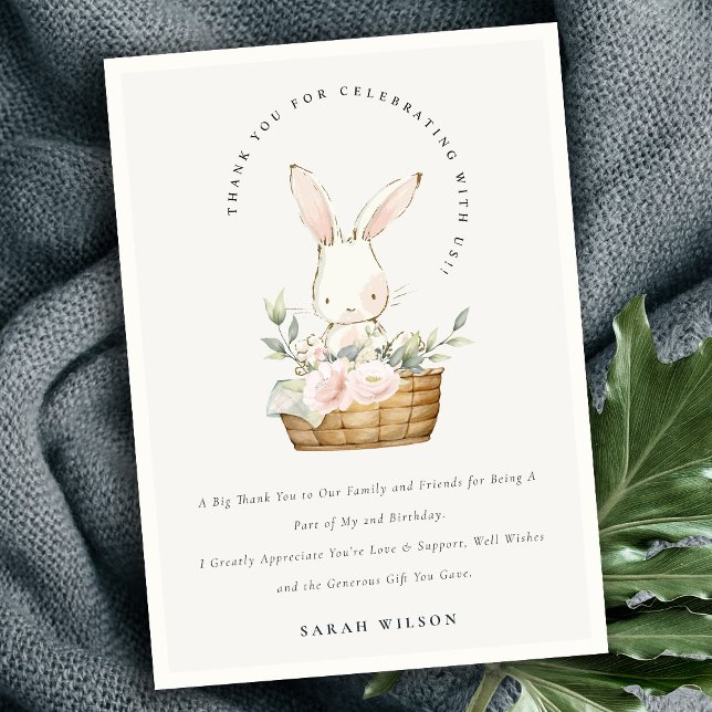 Elegant Cute Bunny In Floral Basket Kids Birthday Thank You Card (Creator Uploaded)