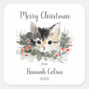 Elegant Cute Calico Kitten Minimalist Christmas Square Sticker