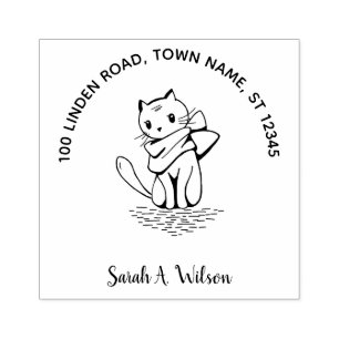 Elegant Cute Cat Bookplate Ex Libris Name Address Rubber Stamp