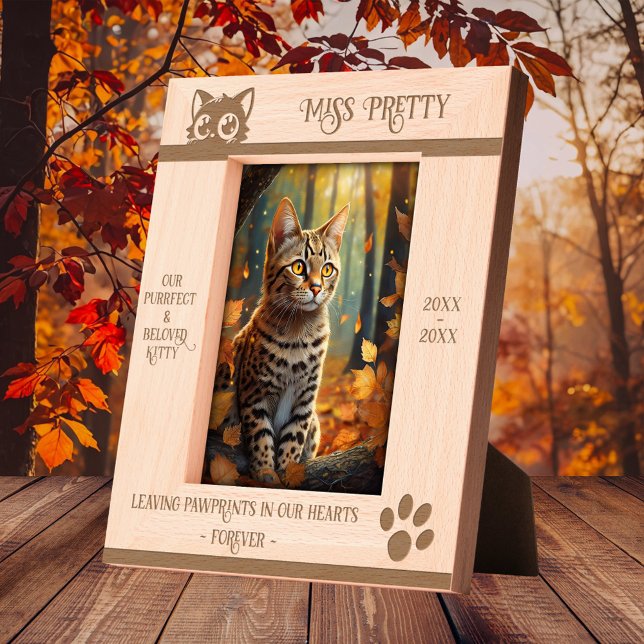 Elegant Cute Cat Memorial  Etched Frames (Etched photo frame featuring a cute kitten silhouette with paw print - cat memorial - keepsake)