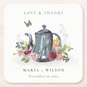 Elegant Cute Cheerful Roses Floral Teapot Wedding Square Paper Coaster