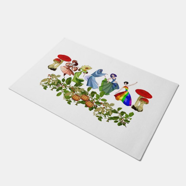 Elegant Cute Dancing Girls Mushroom Fall Pumpkin  Doormat (Angled)