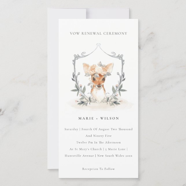 Elegant Cute Deer Floral Crest Vow Renewal Invite (Front)