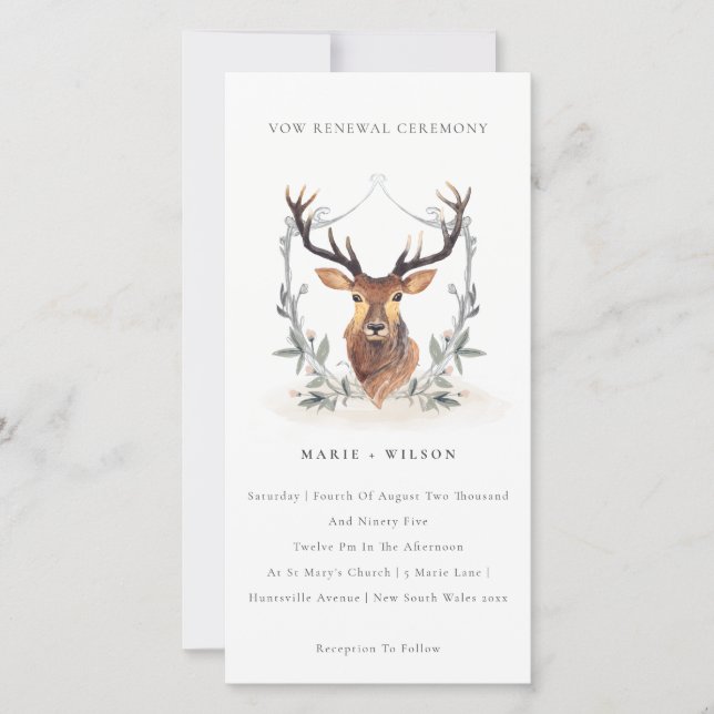 Elegant Cute Deer Floral Crest Vow Renewal Invite (Front)