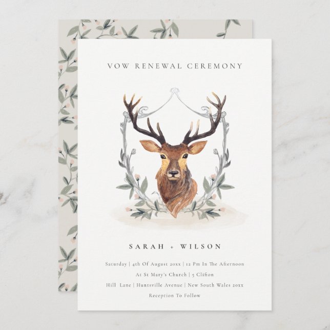 Elegant Cute Deer Floral Crest Vow Renewal Invite (Front/Back)