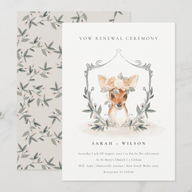 Elegant Cute Deer Floral Crest Vow Renewal Invite (Front/Back)