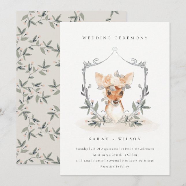 Elegant Cute Deer Floral Crest Wedding Invite (Front/Back)