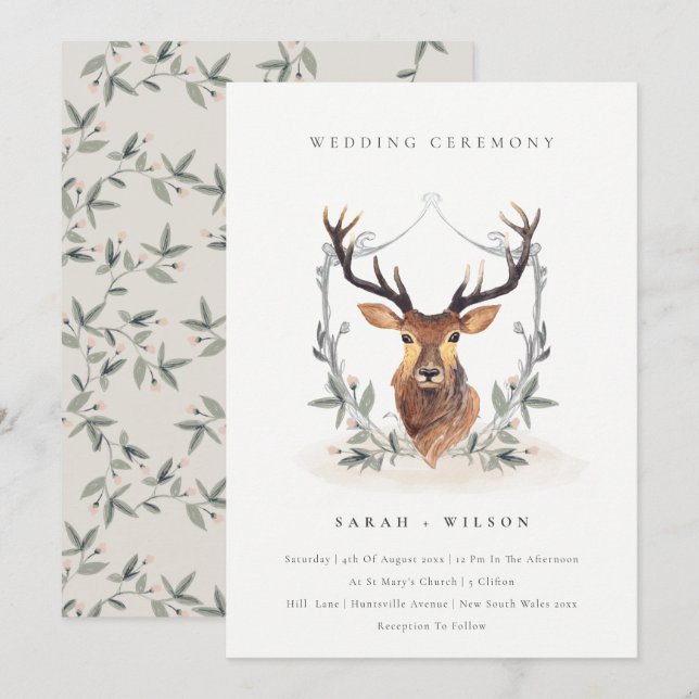 Elegant Cute Deer Floral Crest Wedding Invite (Front/Back)