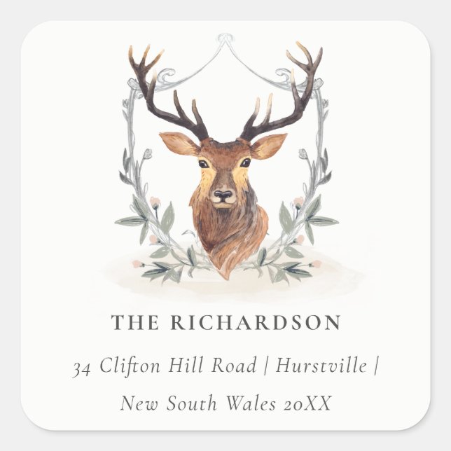 Elegant Cute Dusky Deer Floral Crest Address Square Sticker (Front)