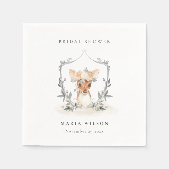 Elegant Cute Dusky Deer Floral Crest Bridal Shower Napkin (Front)