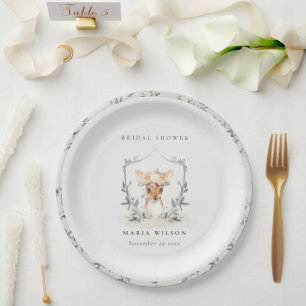 Elegant Cute Dusky Deer Floral Crest Bridal Shower Paper Plate