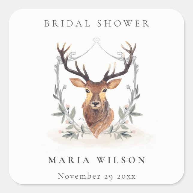 Elegant Cute Dusky Deer Floral Crest Bridal Shower Square Sticker (Front)