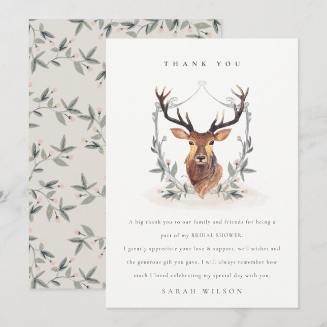 Elegant Cute Dusky Deer Floral Crest Bridal Shower Thank You Card (Front/Back)