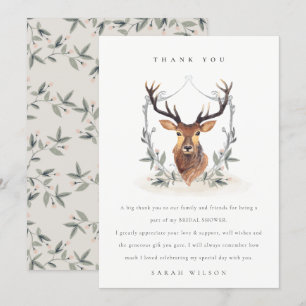 Elegant Cute Dusky Deer Floral Crest Bridal Shower Thank You Card