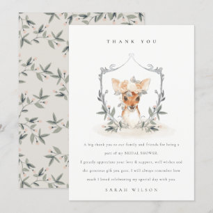 Elegant Cute Dusky Deer Floral Crest Bridal Shower Thank You Card