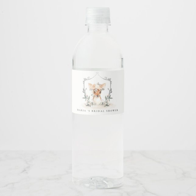 Elegant Cute Dusky Deer Floral Crest Bridal Shower Water Bottle Label (Front)