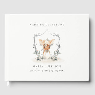 Elegant Cute Dusky Deer Floral Crest Wedding Guest Book