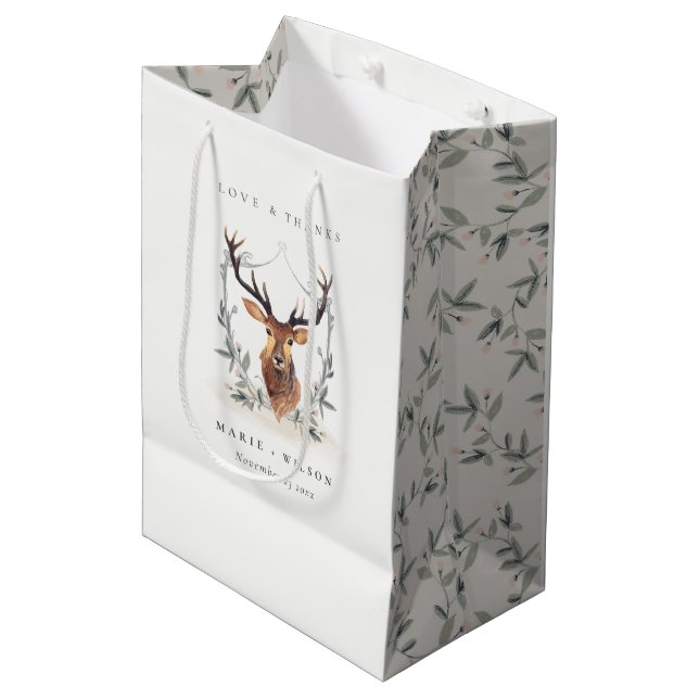 Elegant Cute Dusky Deer Floral Crest Wedding Medium Gift Bag (Front Angled)