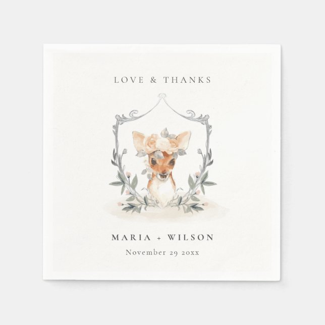Elegant Cute Dusky Deer Floral Crest Wedding Napkin (Front)