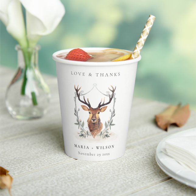Elegant Cute Dusky Deer Floral Crest Wedding Paper Cups (Insitu)