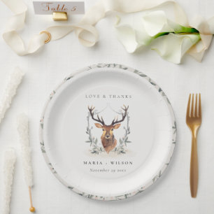 Elegant Cute Dusky Deer Floral Crest Wedding Paper Plate