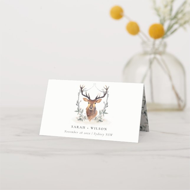 Elegant Cute Dusky Deer Floral Crest Wedding Place Card (Front)