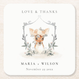 Elegant Cute Dusky Deer Floral Crest Wedding Square Paper Coaster