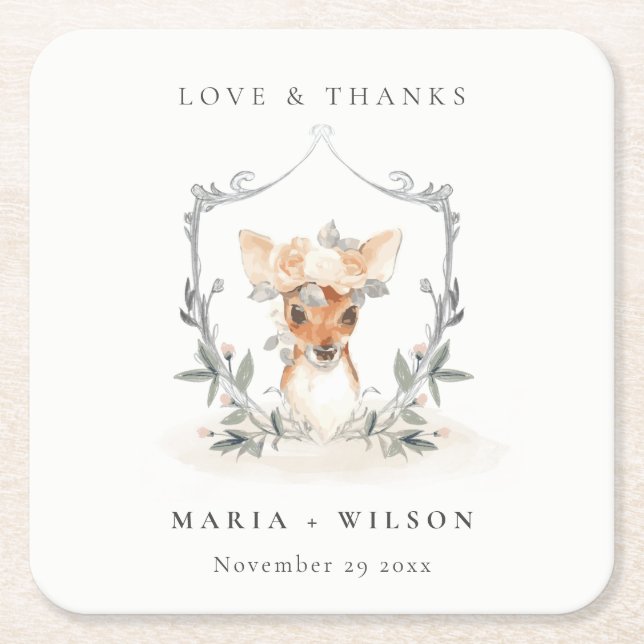 Elegant Cute Dusky Deer Floral Crest Wedding Square Paper Coaster (Front)